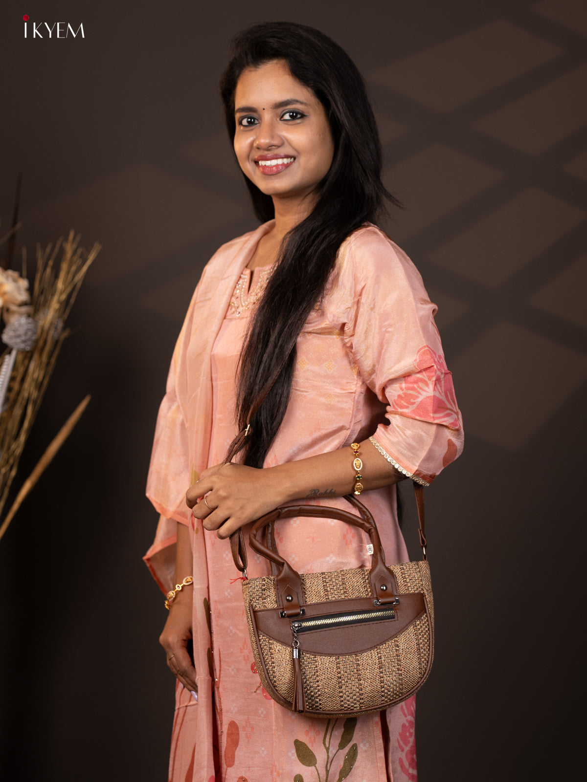 Printed Jute Sling Bag - Brown - KA18123