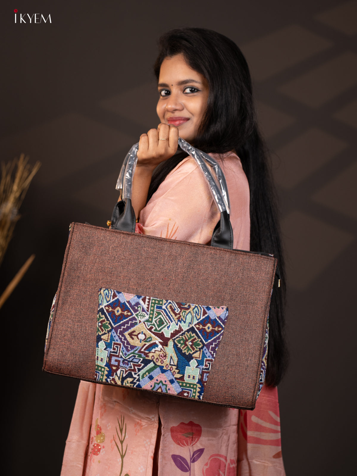 Jacquard Handbag with Leather Sling - Brown - KA18143