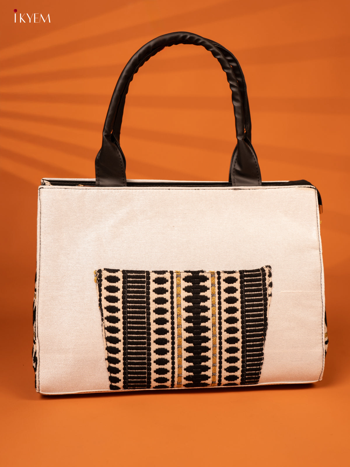 Jacquard Handbag with Leather Sling - White - KA18144