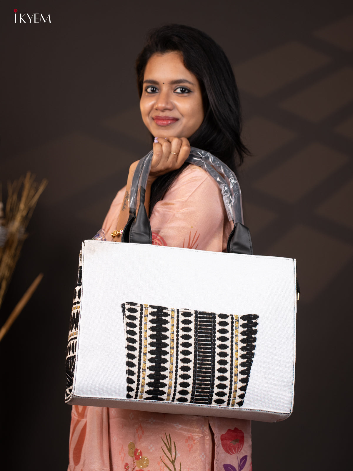 Jacquard Handbag with Leather Sling - White - KA18144