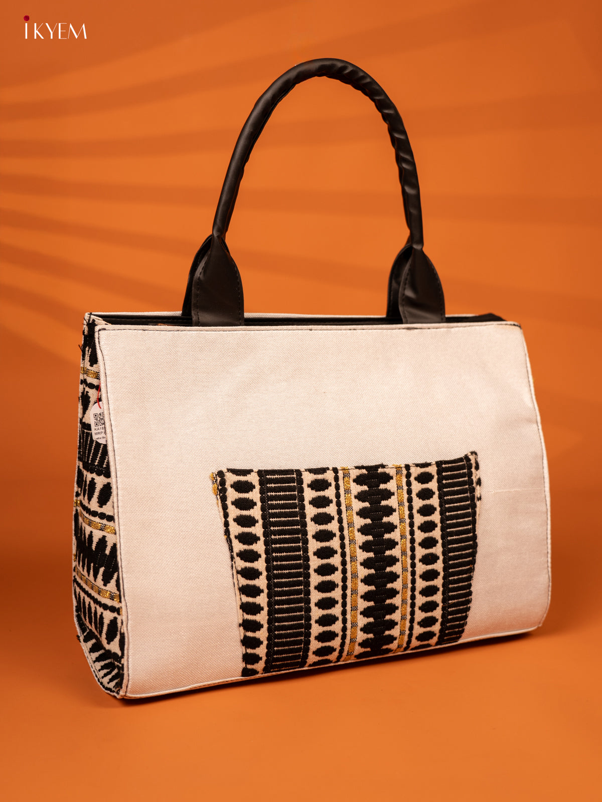 Jacquard Handbag with Leather Sling - White - KA18144