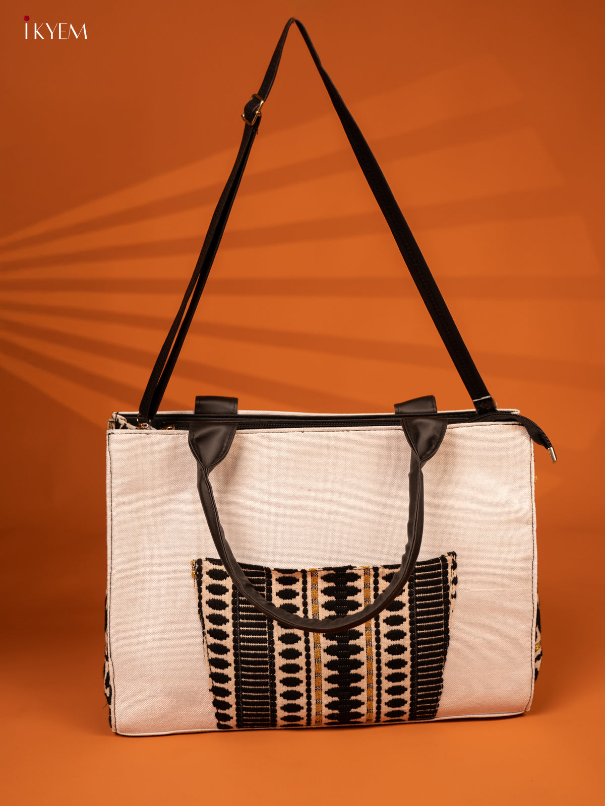 Jacquard Handbag with Leather Sling - White - KA18144