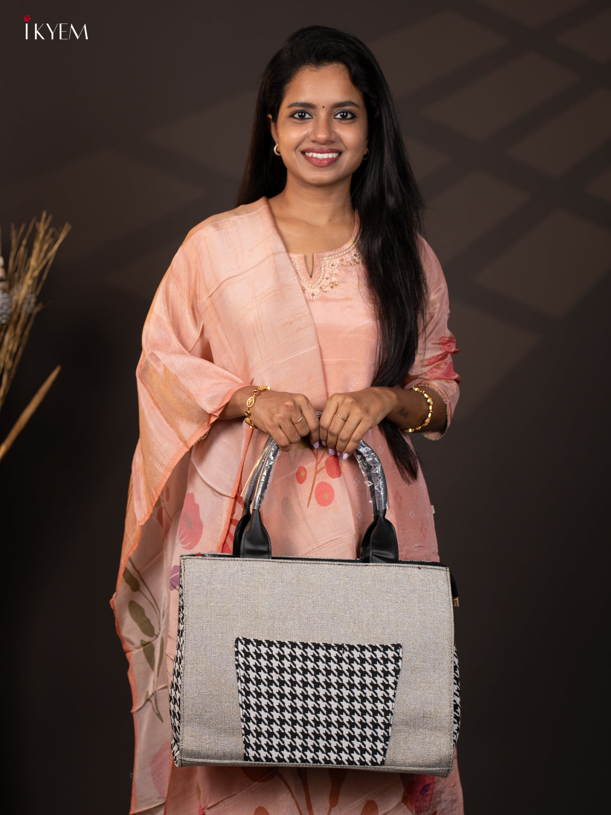 Jacquard Handbag with Leather Sling - Grey - KA18145