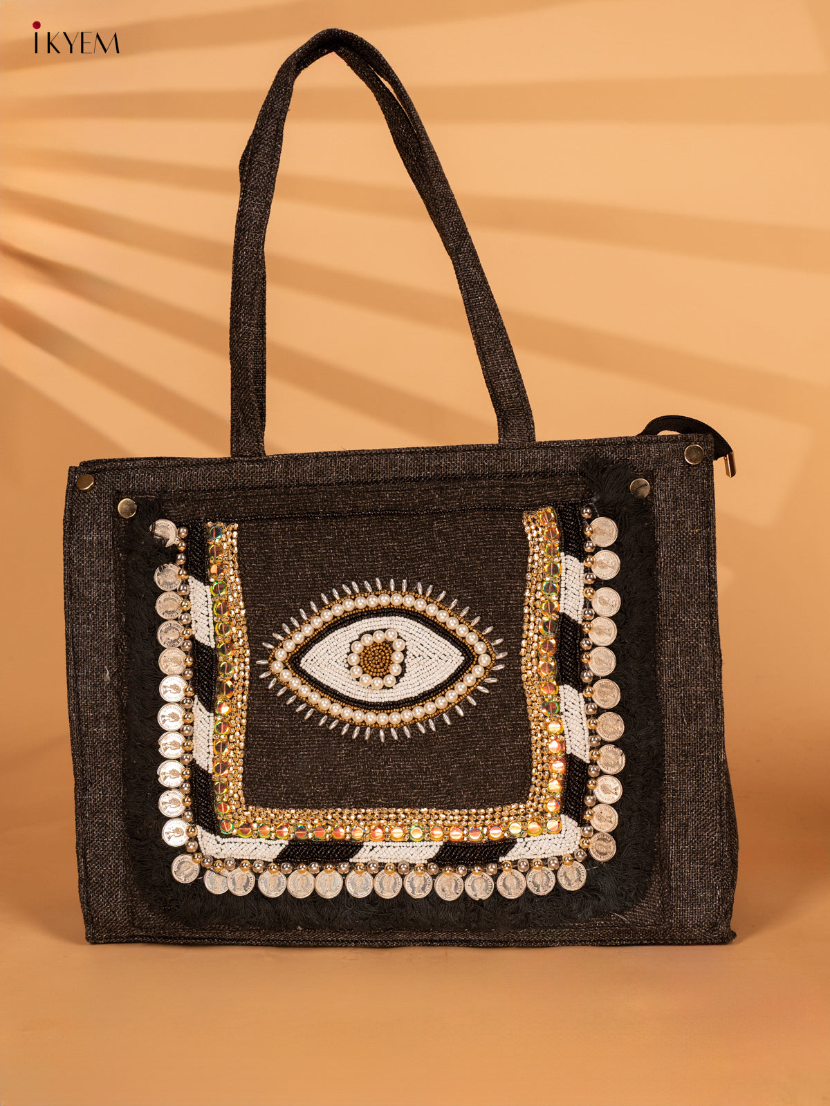 Embellished Jute Handbag - Black Eye - KA18151