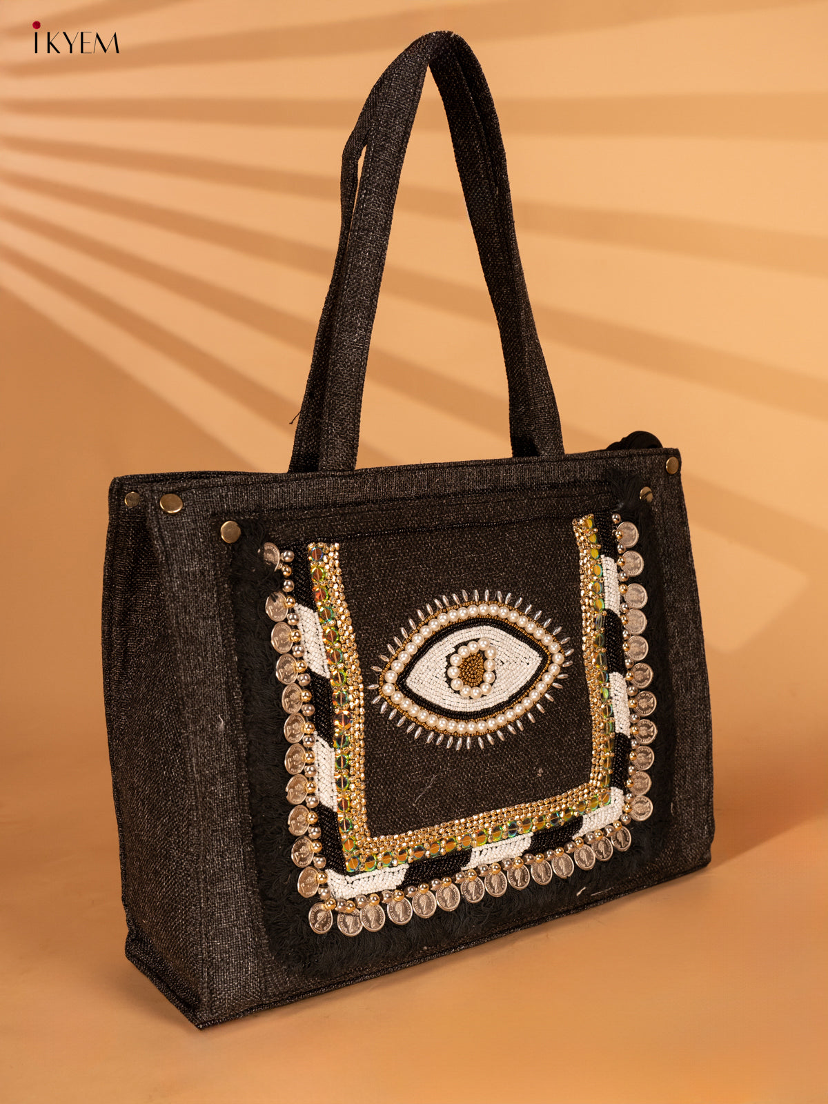 Embellished Jute Handbag - Black Eye - KA18151