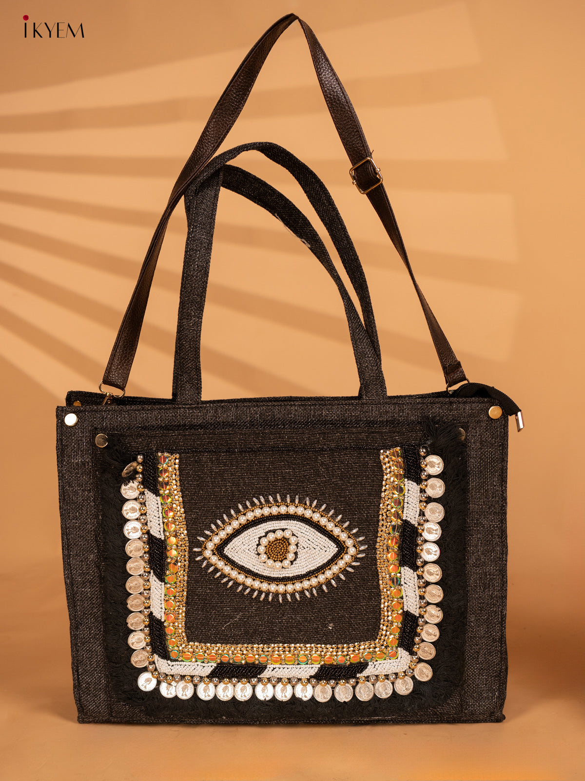 Embellished Jute Handbag - Black Eye - KA18151