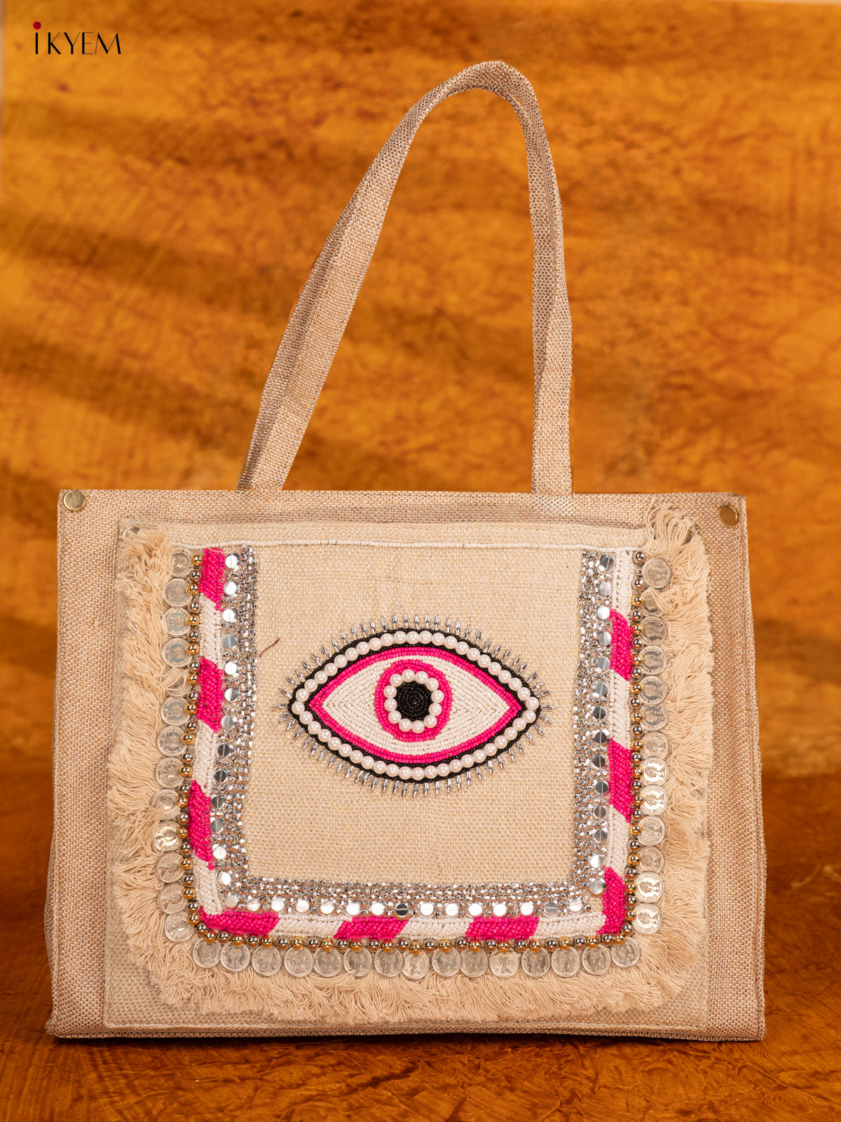 Embellished Jute Handbag - Pink Eye - KA18152