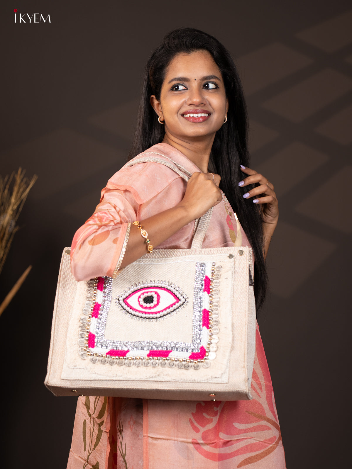 Embellished Jute Handbag - Pink Eye - KA18152