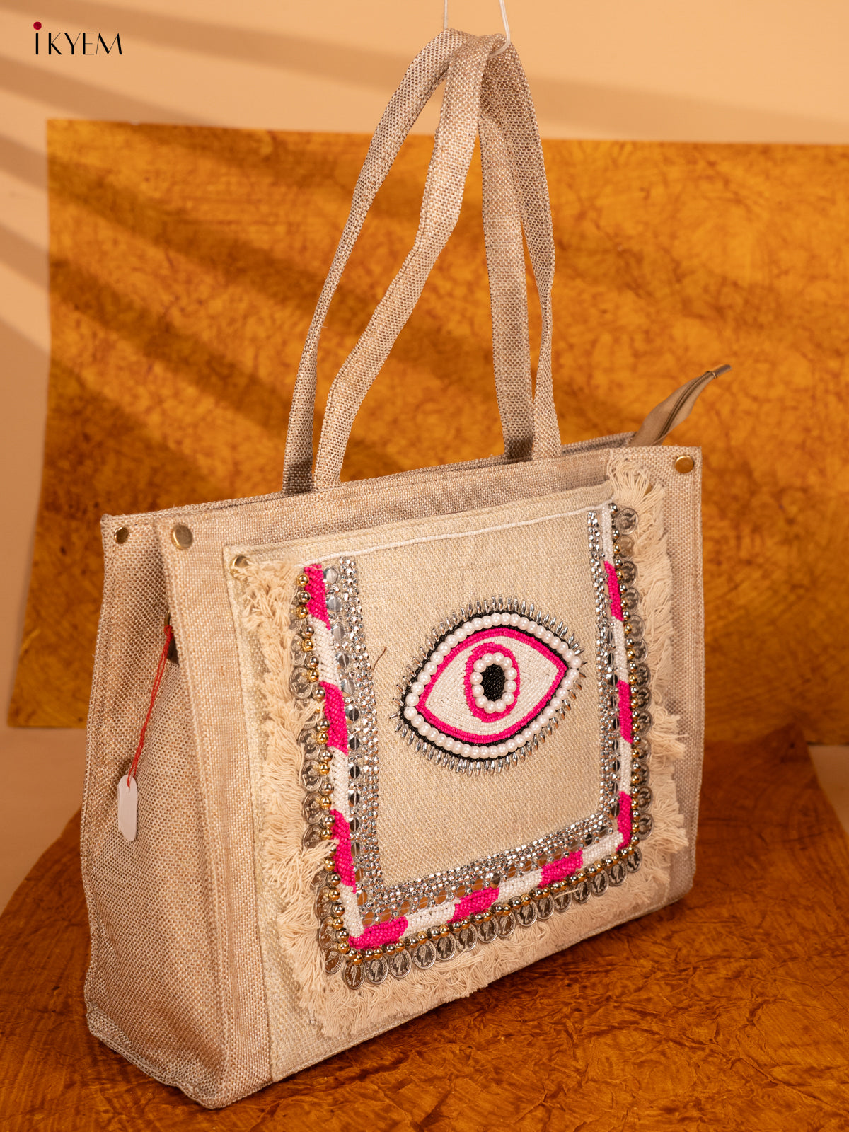 Embellished Jute Handbag - Pink Eye - KA18152