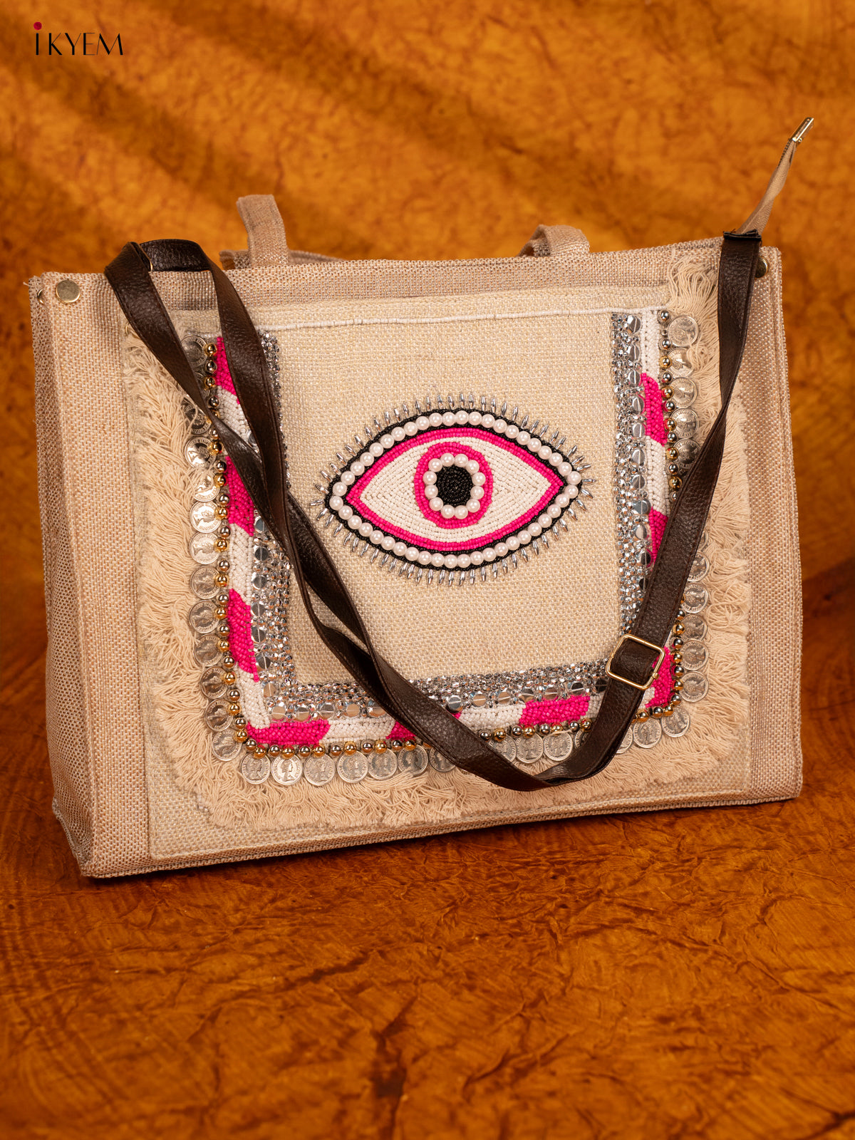 Embellished Jute Handbag - Pink Eye - KA18152