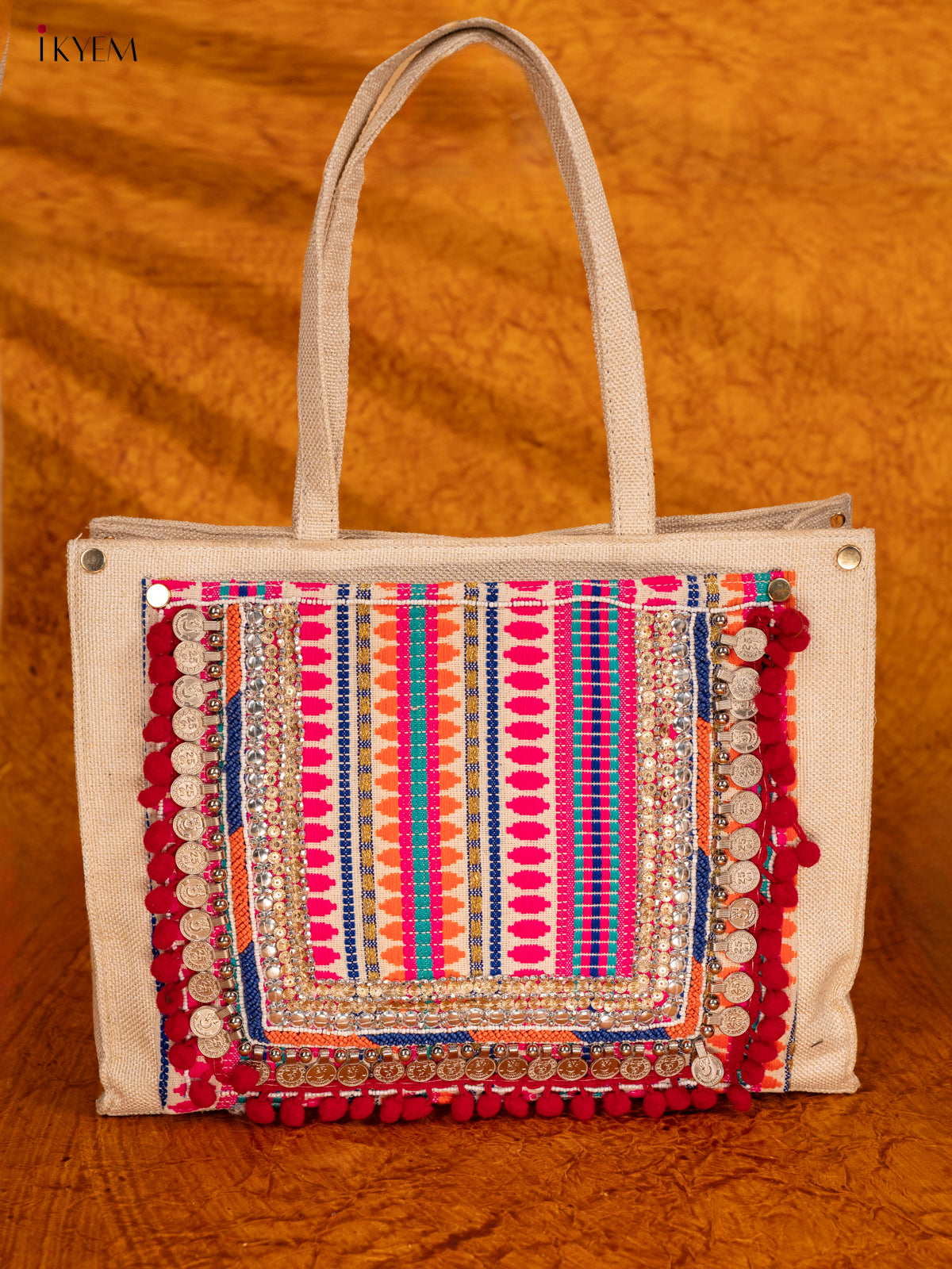 Embellished Jute Handbag - Multicolour - KA18154