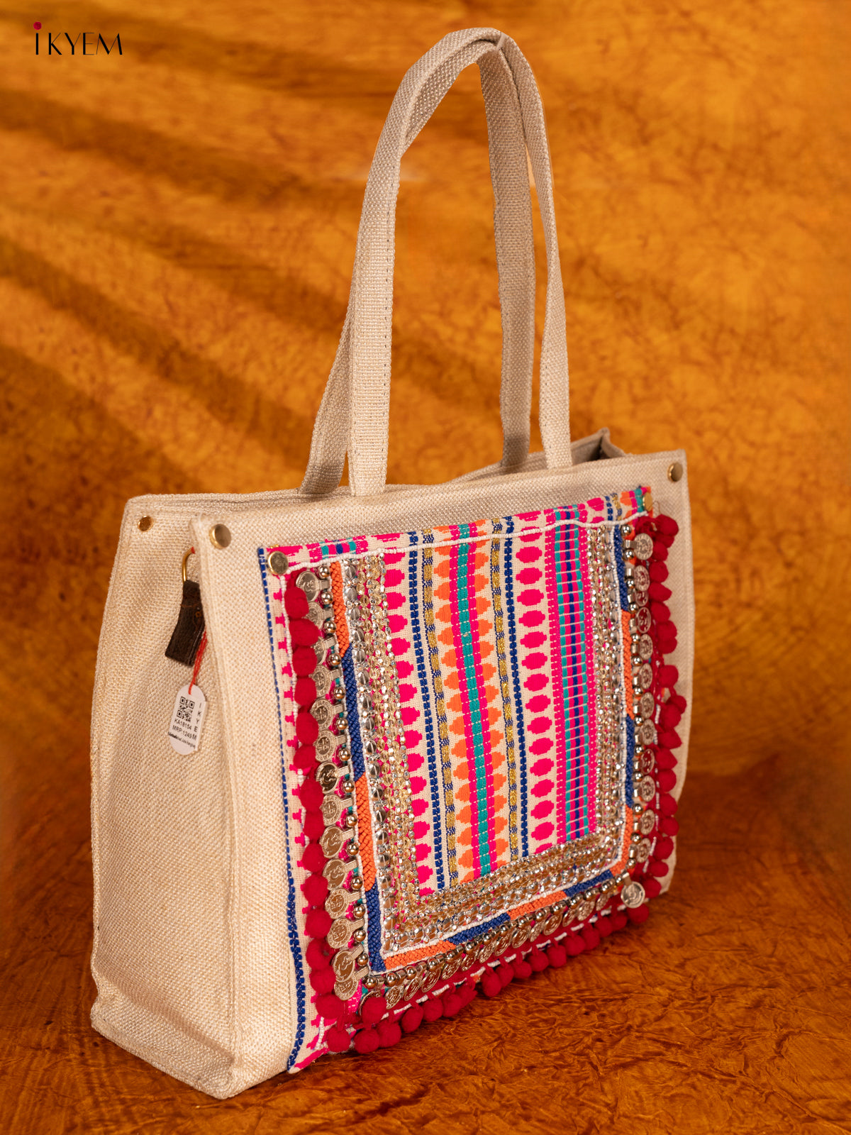 Embellished Jute Handbag - Multicolour - KA18154