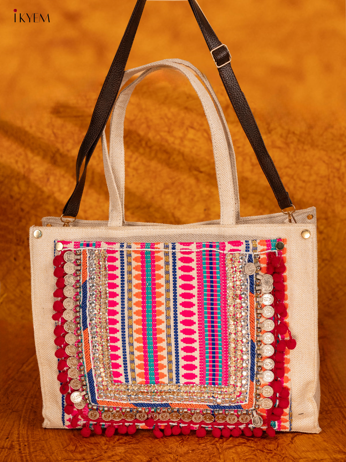 Embellished Jute Handbag - Multicolour - KA18154