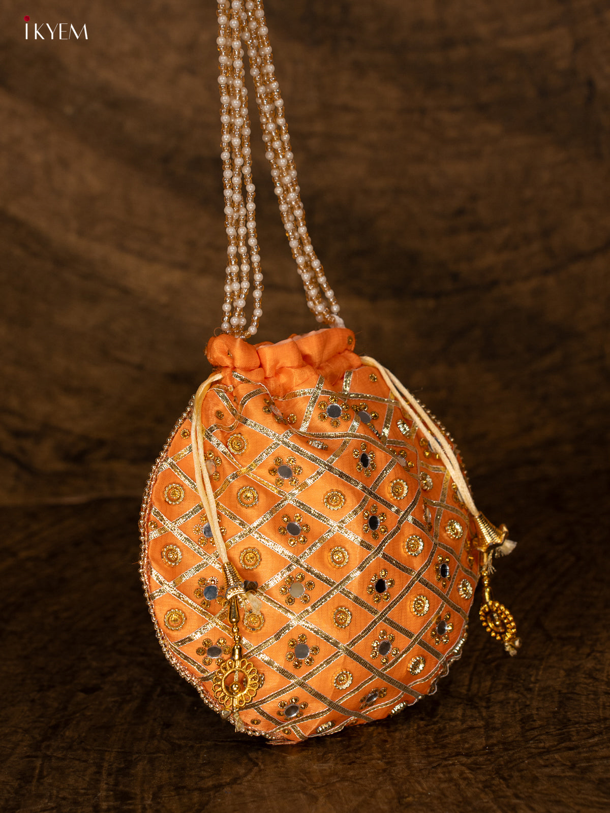 Designer Potli Bag with Mirror Work - Orange - KA18155