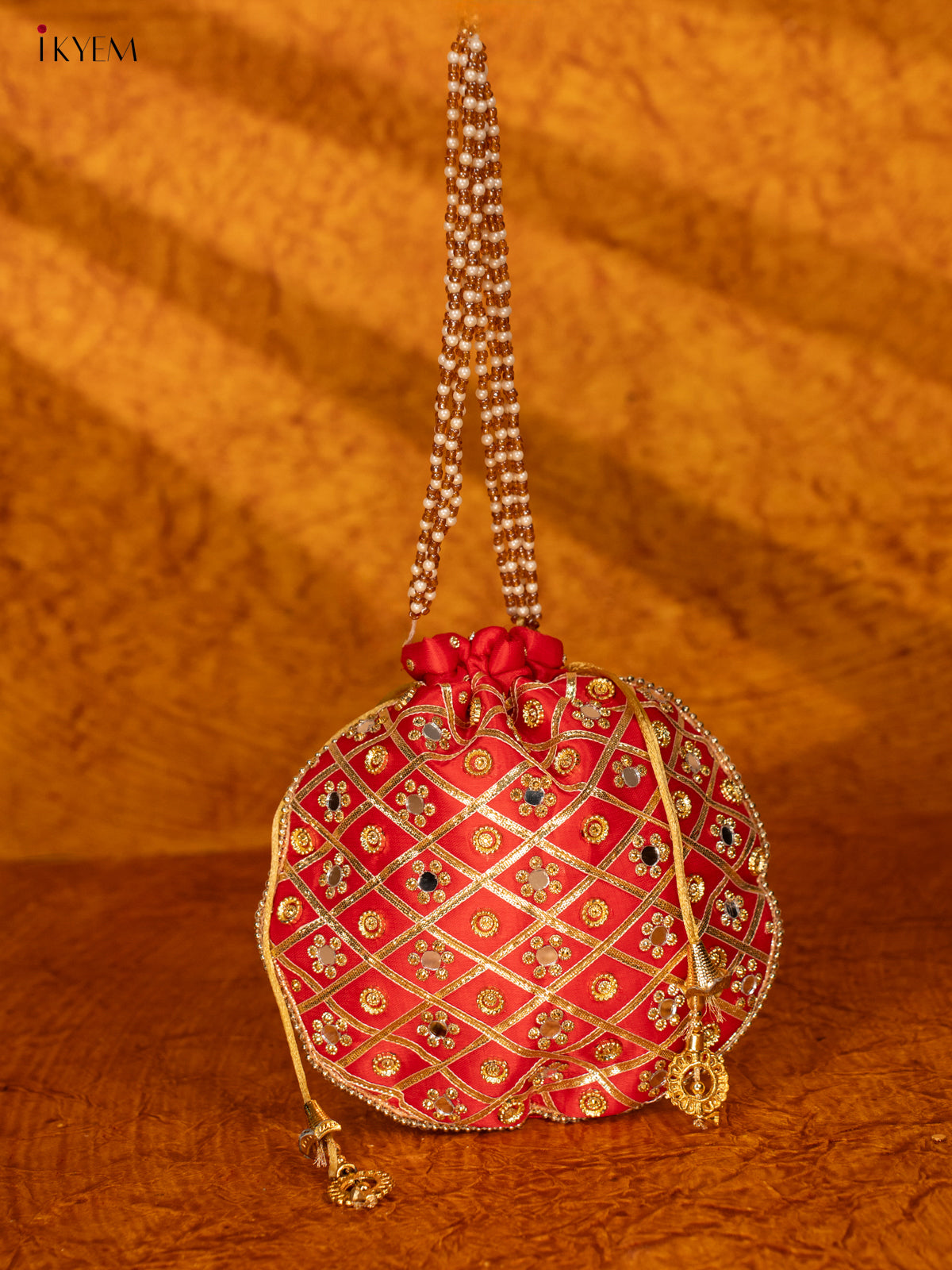 Designer Potli Bag with Mirror Work - Red - KA18159