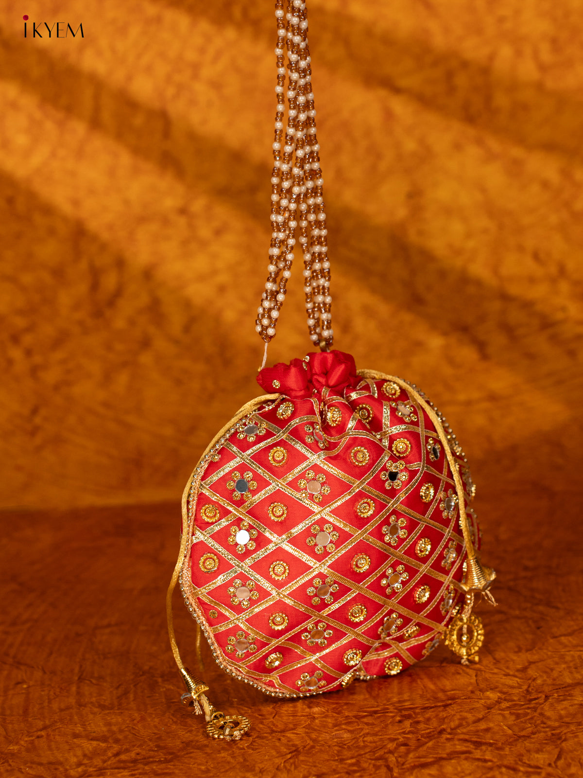 Designer Potli Bag with Mirror Work - Red - KA18159