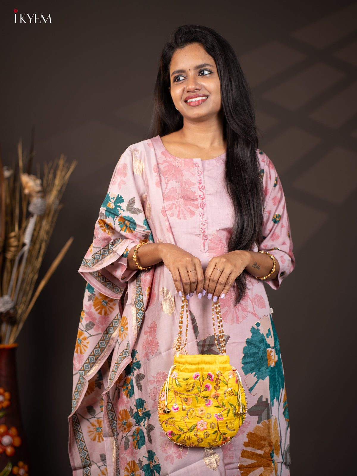 Designer Floral Potli Bag - Yellow - KA18160