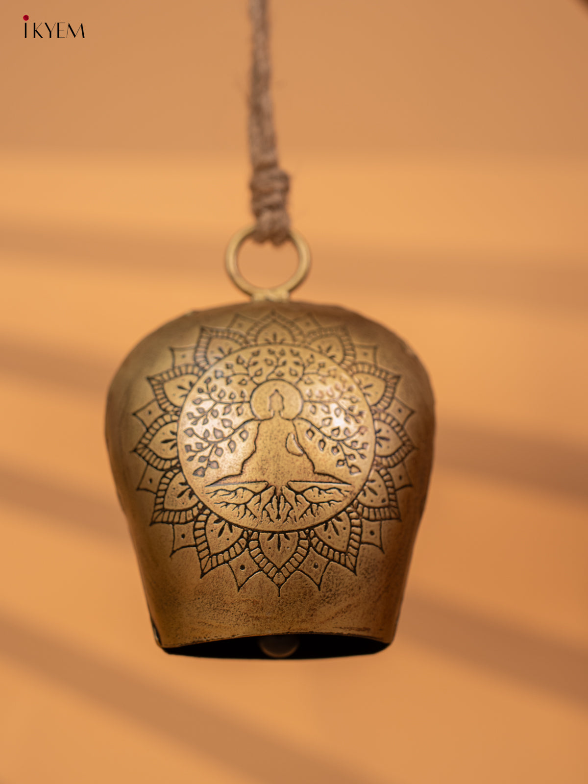 Metal Cow Bell with Buddha  Engraving & Rope Handle - Small - KA21117