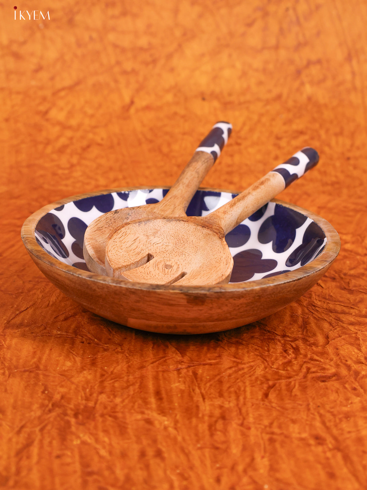 Wooden crockery Mango Small Bowl Fork With Spoon Set - White with Blue - KA22112