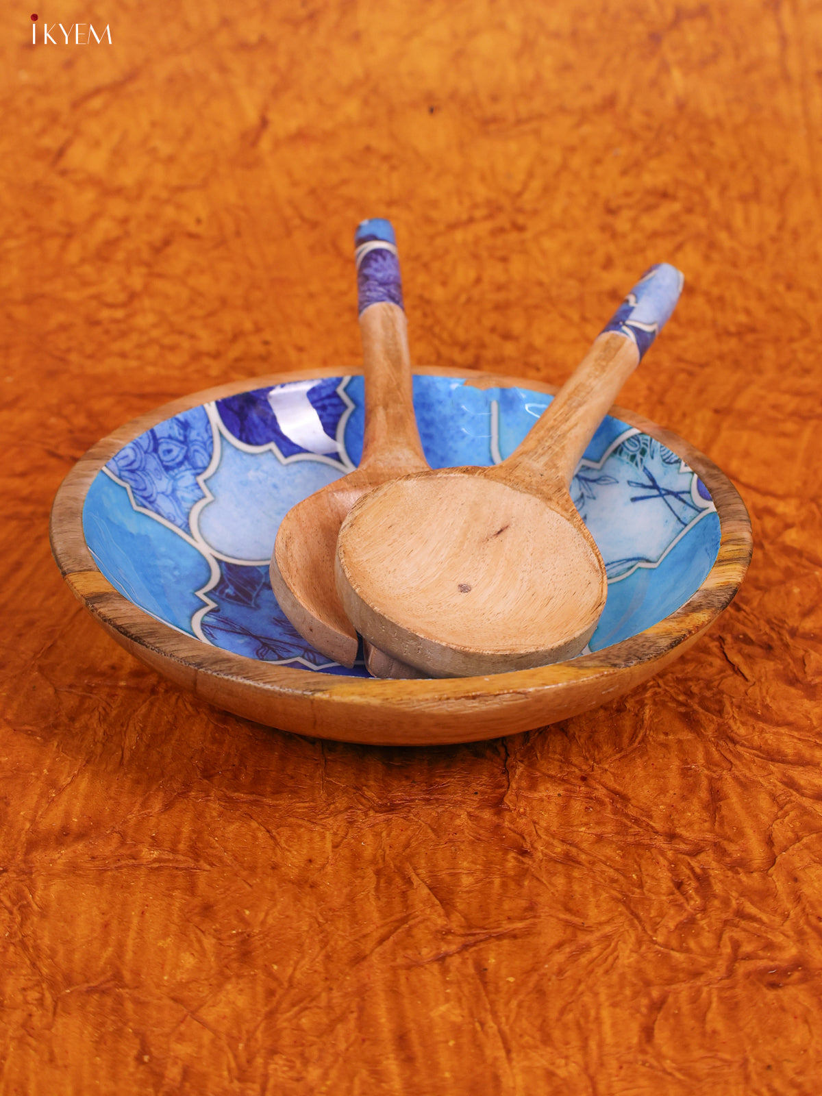 Wooden crockery Mango Bowl Small Fork With Spoon Set - Light Blue - KA22114