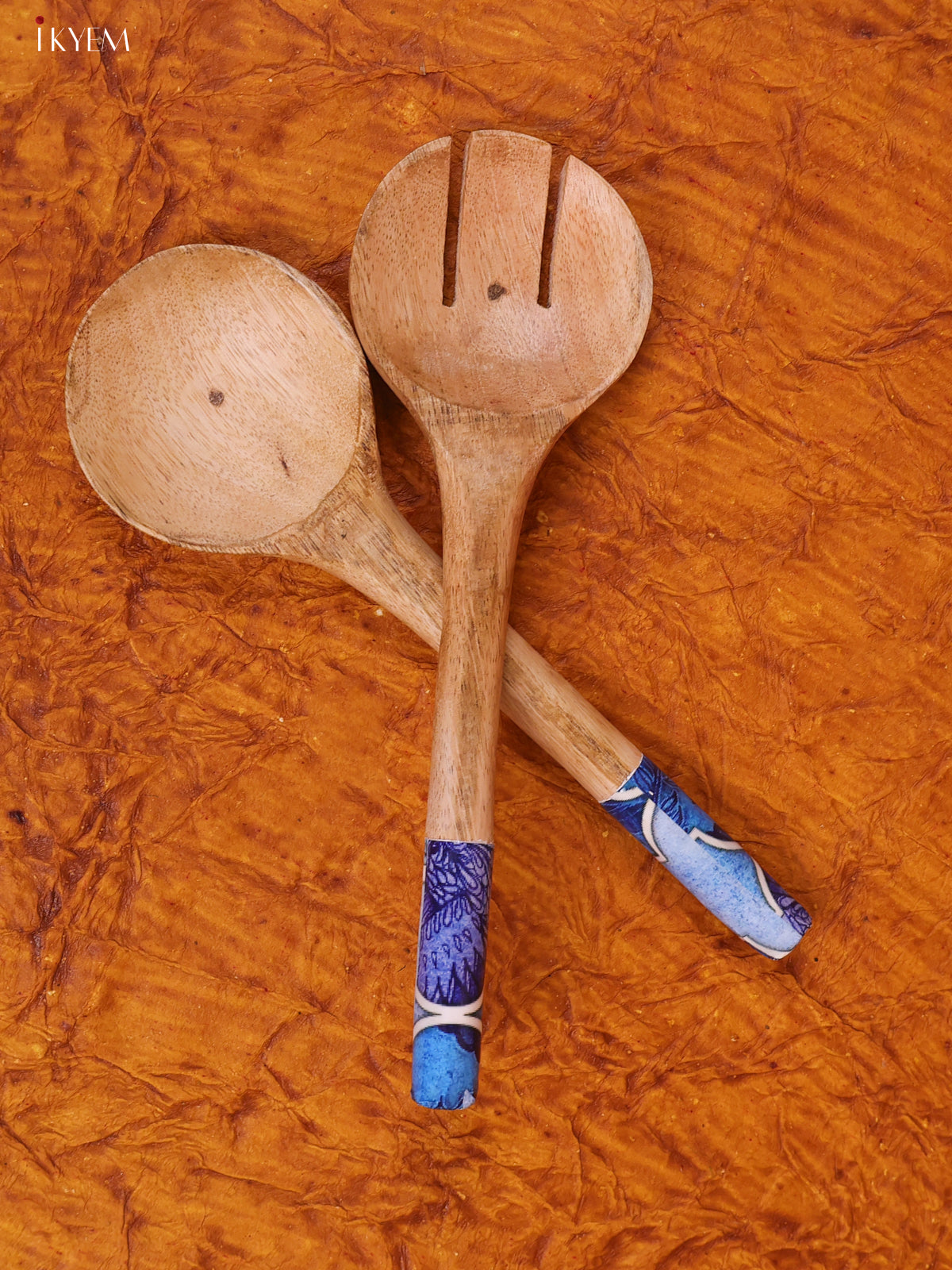 Wooden crockery Mango Bowl Small Fork With Spoon Set - Light Blue - KA22114