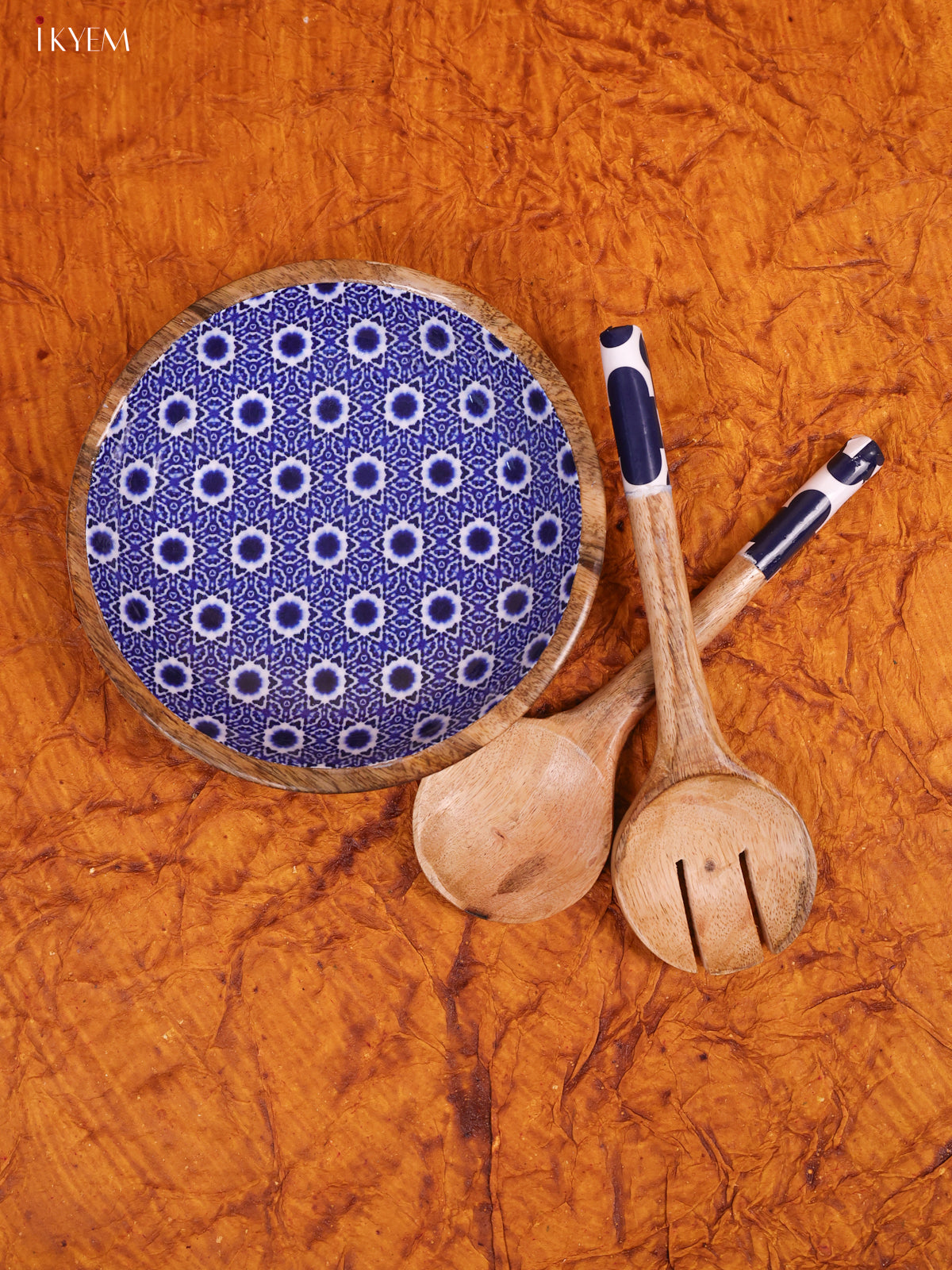 Wooden crockery Bowl Small Fork With Spoon Set - Blue - KA22116