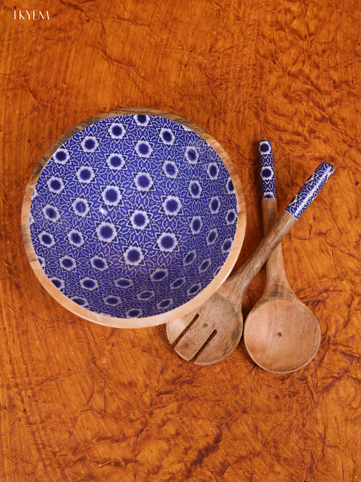 Wooden crockery Bowl Large Fork with Spoon Set - Blue - KA22117