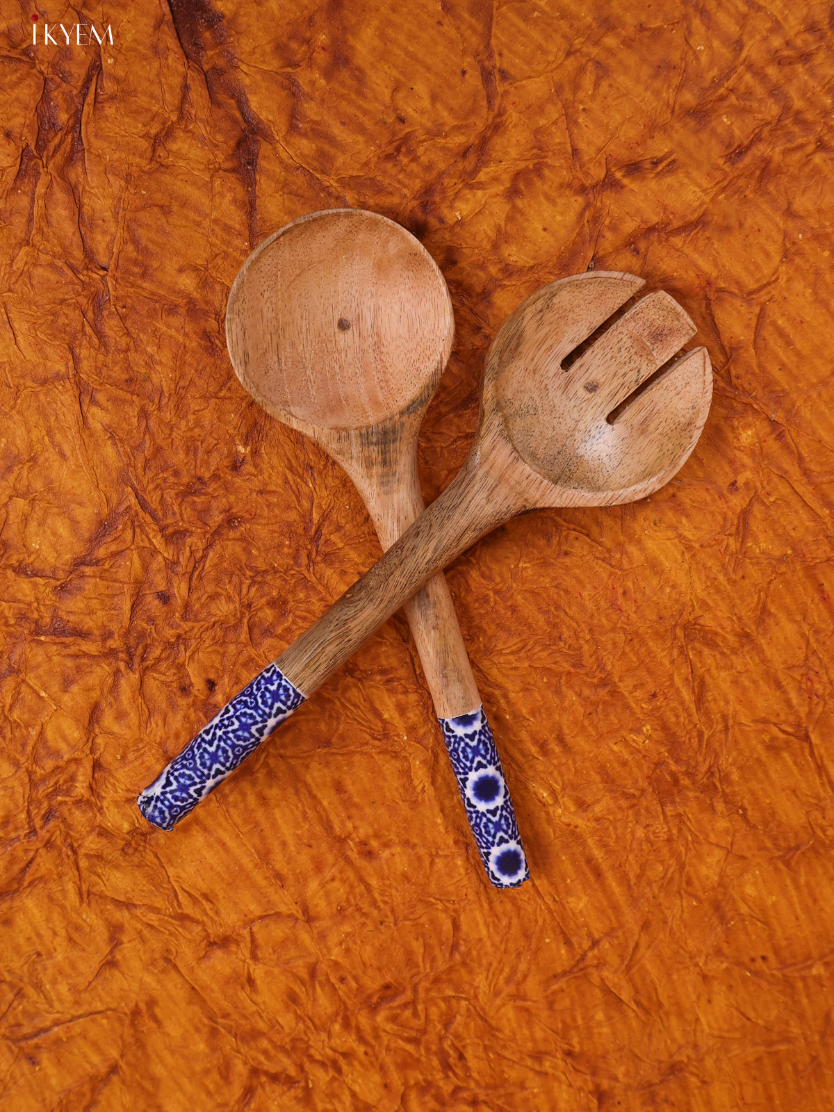 Wooden crockery Bowl Large Fork with Spoon Set - Blue - KA22117