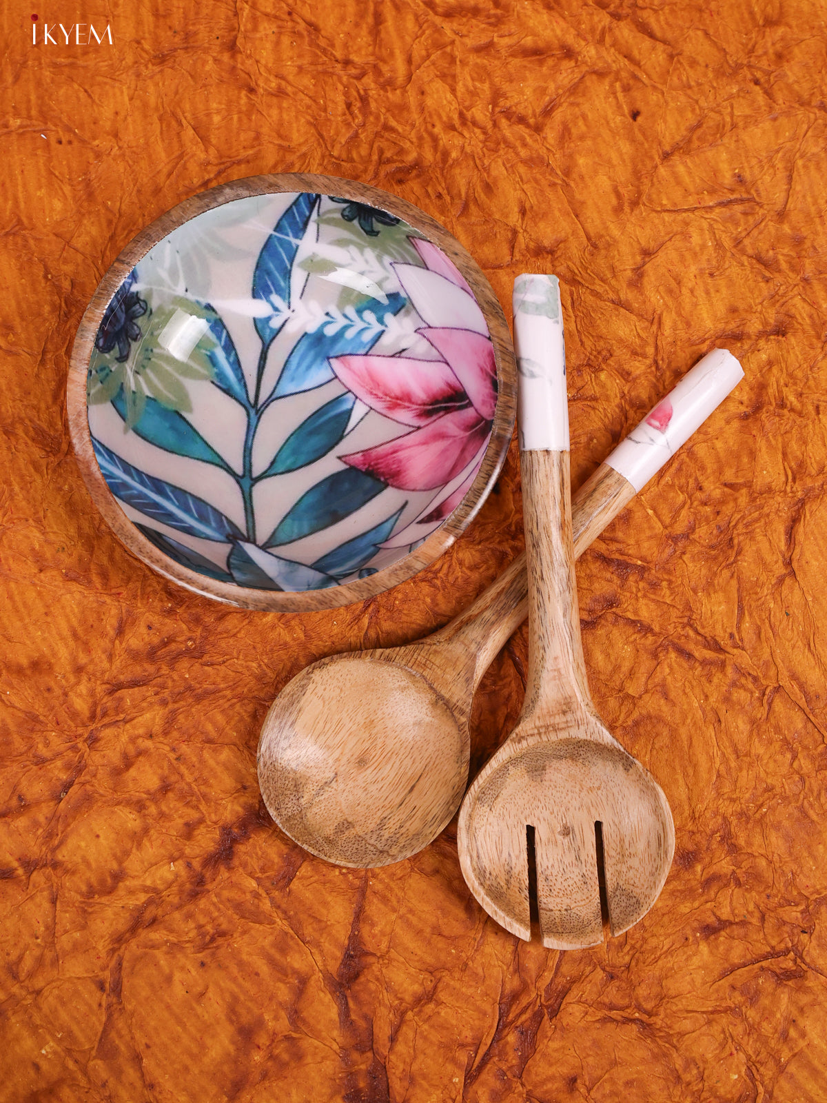 Wooden crockery Bowl Small Fork With Spoon Set - Blue with Pink -KA22119