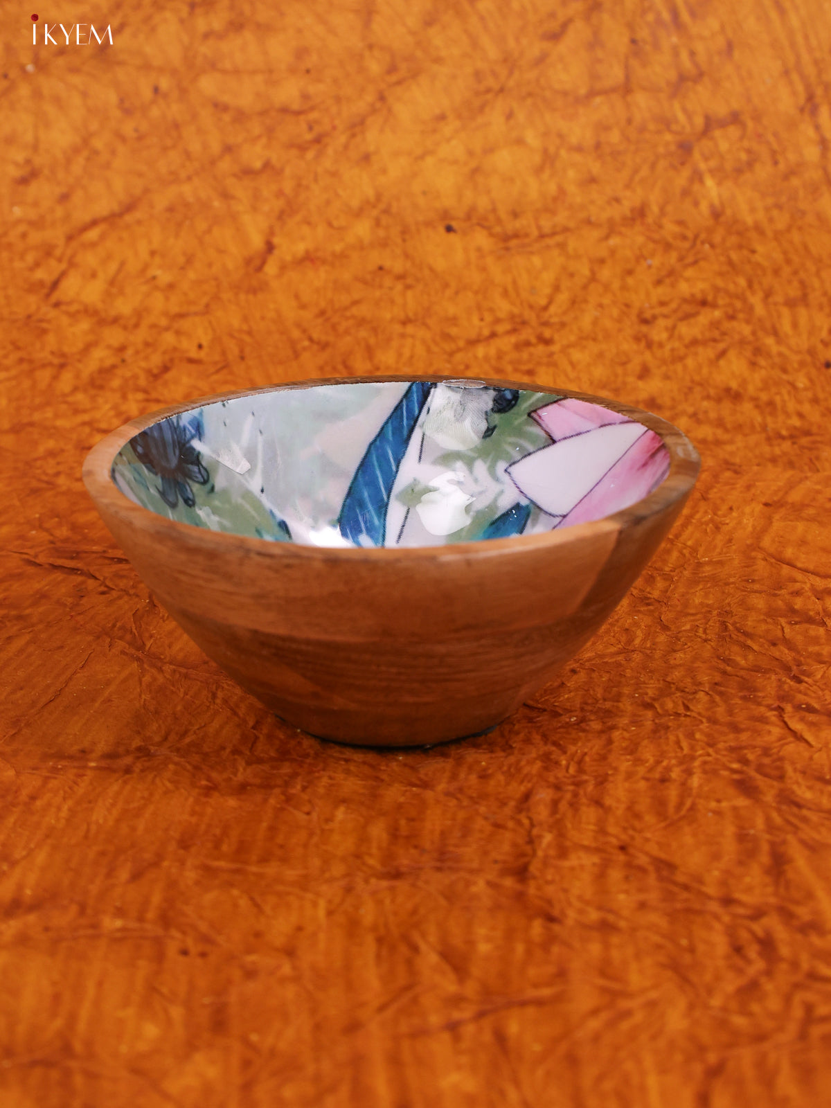 Wooden crockery Bowl Medium - Blue with Pink - KA22120