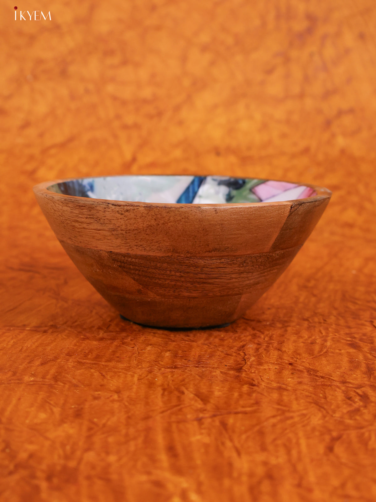 Wooden crockery Bowl Medium - Blue with Pink - KA22120