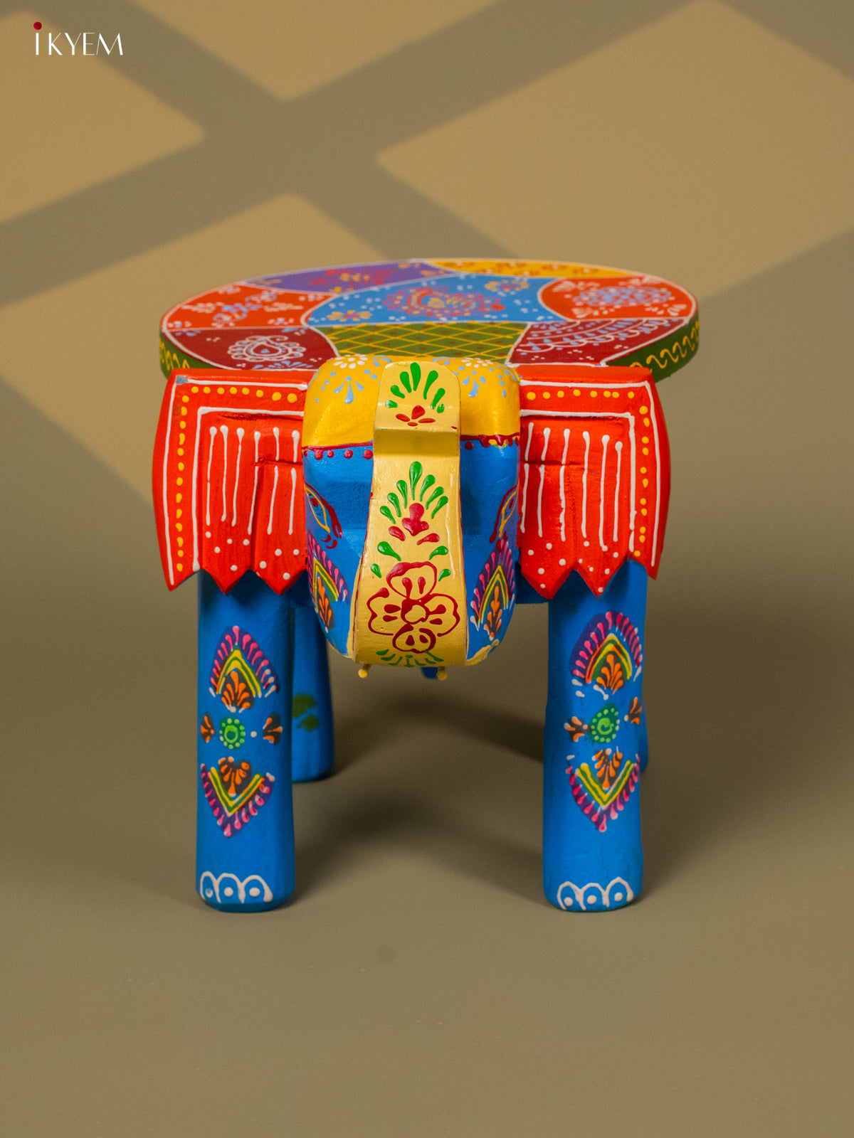 Hand Painted Elephant Stool - Blue - 8 inch - KA30124