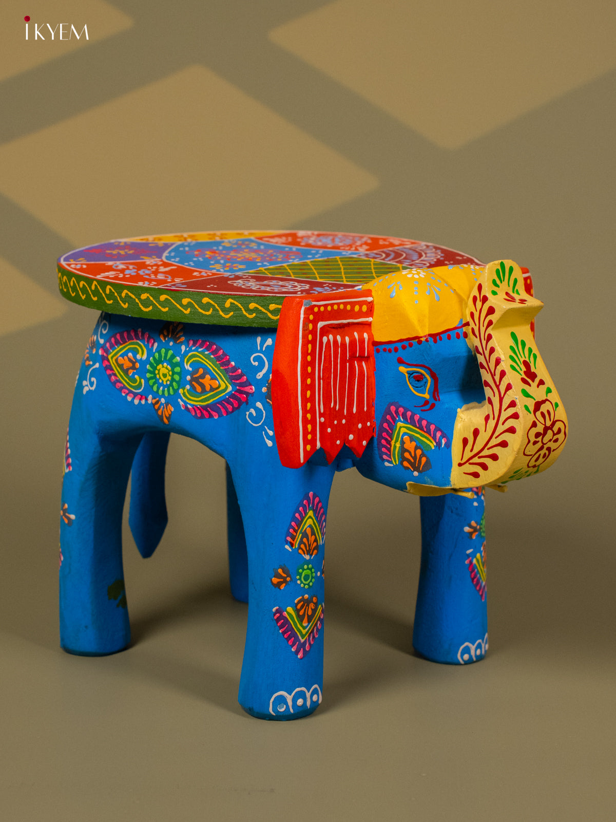 Hand Painted Elephant Stool - Blue - 8 inch - KA30124