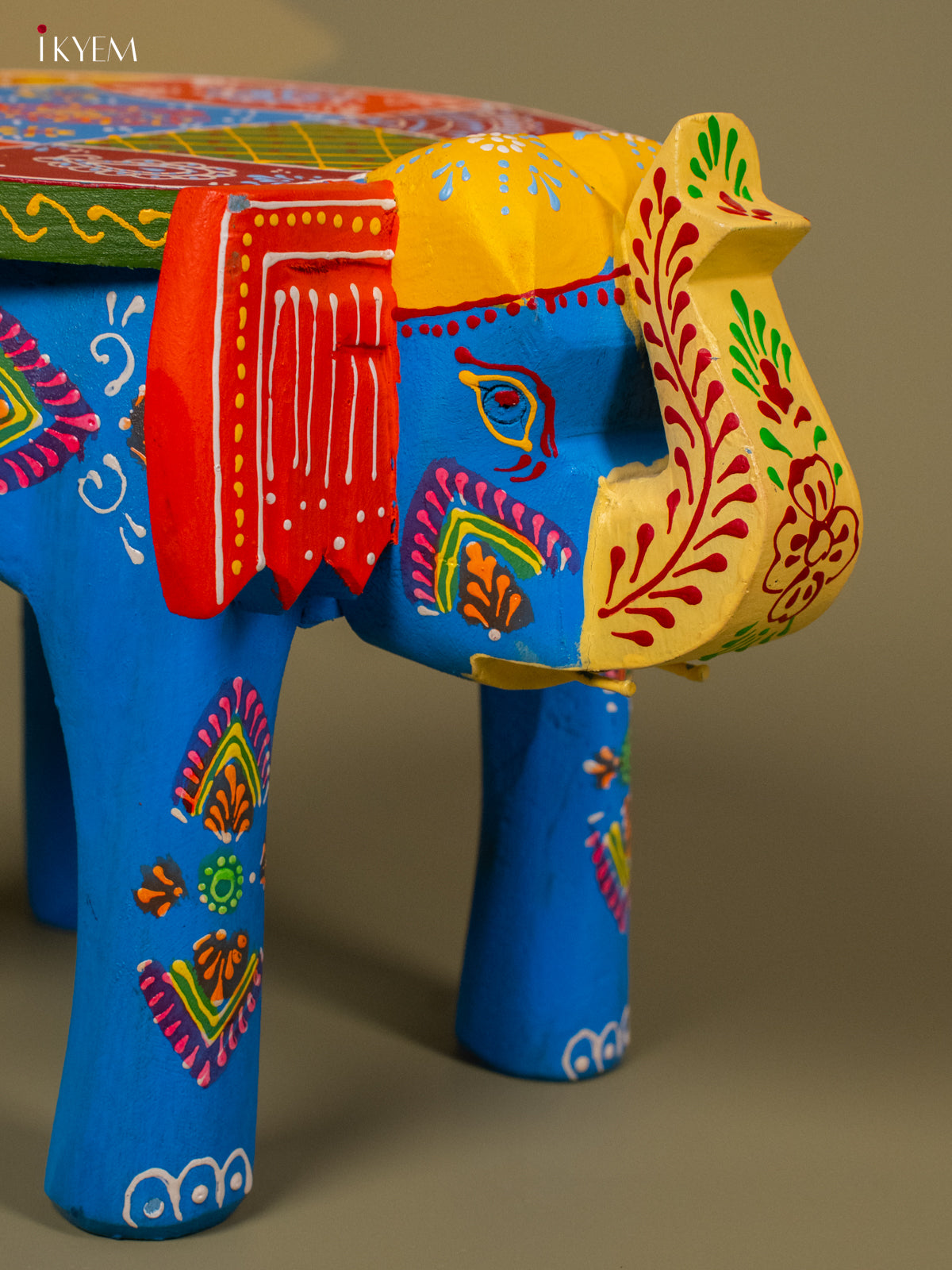 Hand Painted Elephant Stool - Blue - 8 inch - KA30124