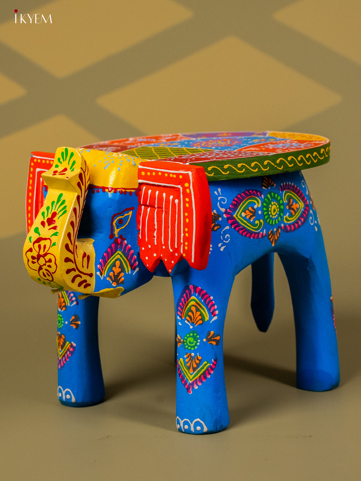 Hand Painted Elephant Stool - Blue - 8 inch - KA30124