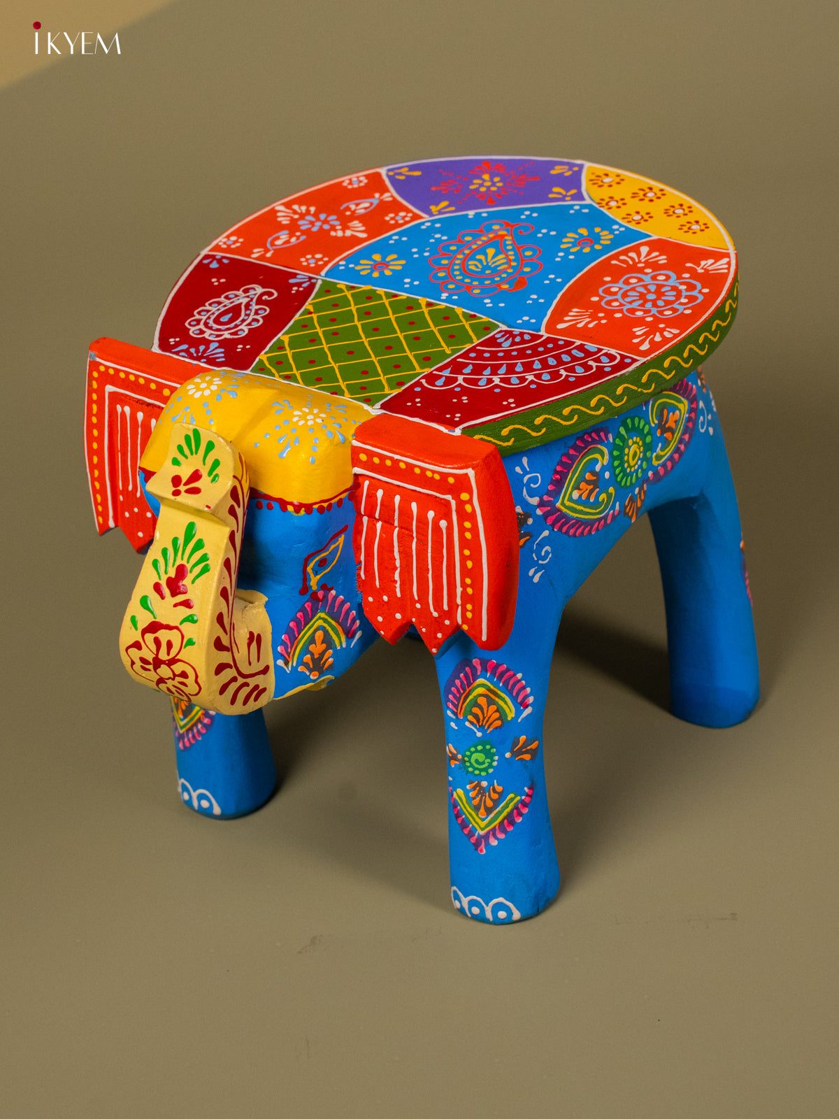 Hand Painted Elephant Stool - Blue - 8 inch - KA30124