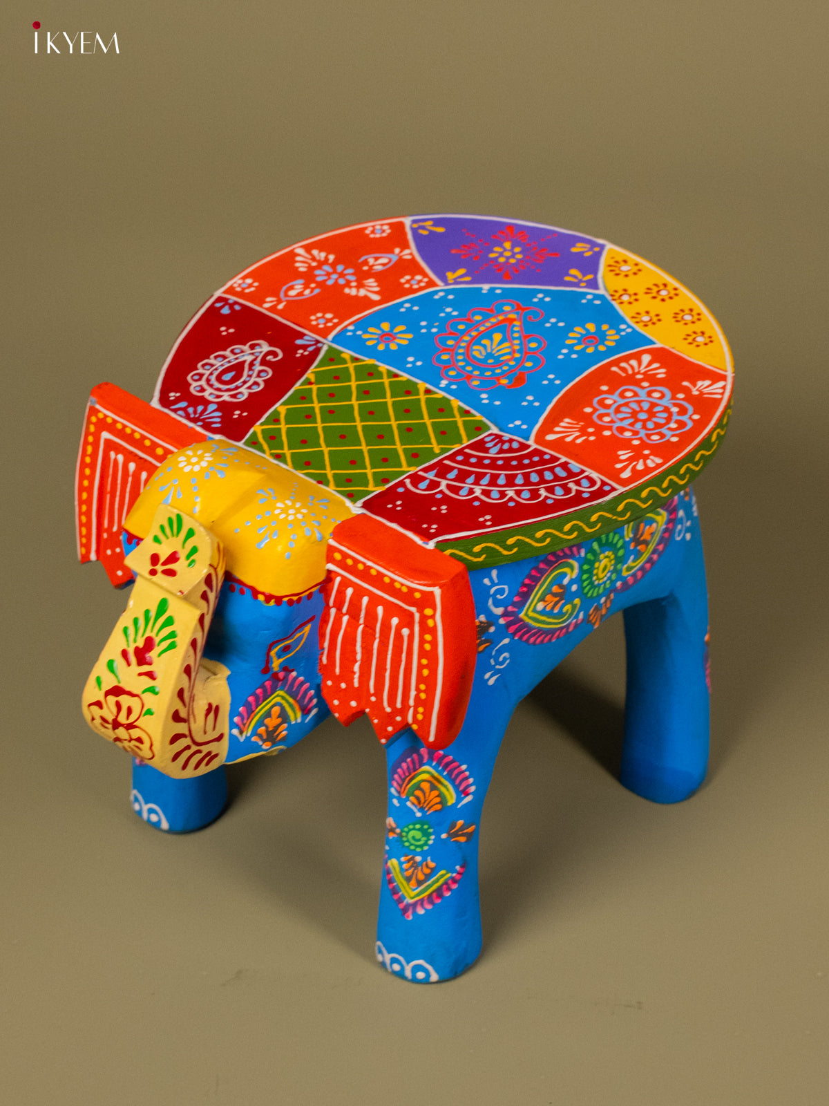 Hand Painted Elephant Stool - Blue - 8 inch - KA30124