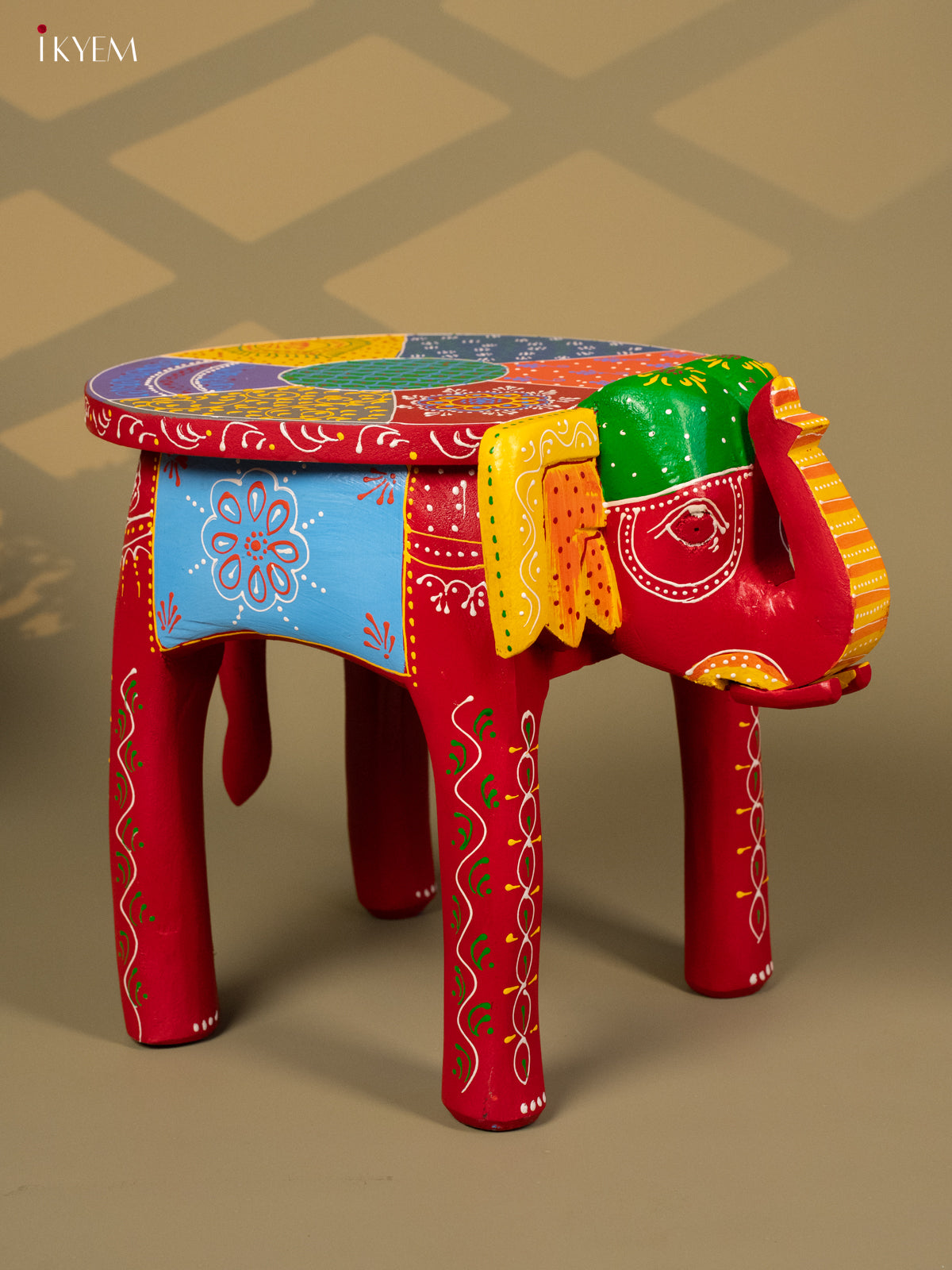 Hand Painted Elephant Stool - Red - 12 inch - KA30125