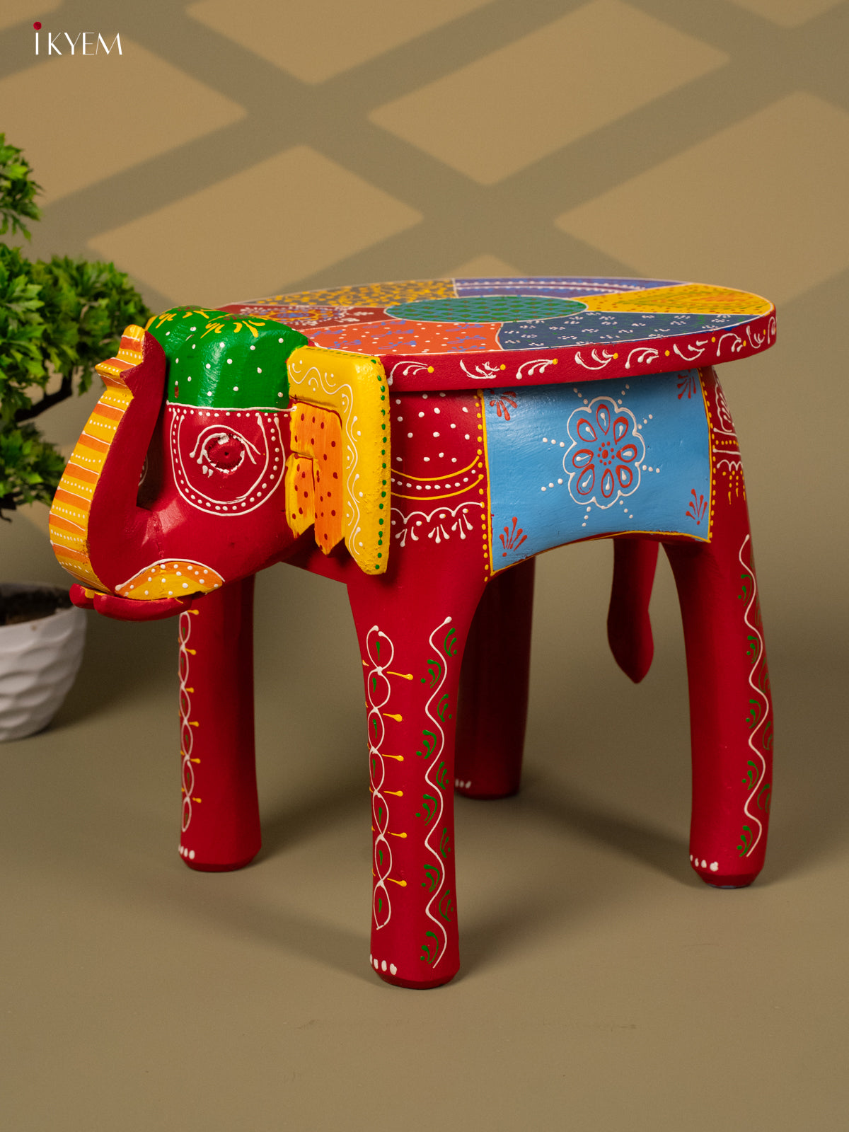 Hand Painted Elephant Stool - Red - 12 inch - KA30125