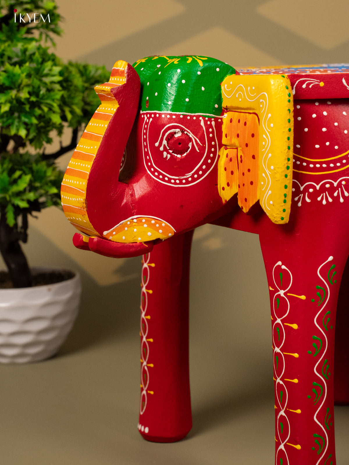 Hand Painted Elephant Stool - Red - 12 inch - KA30125