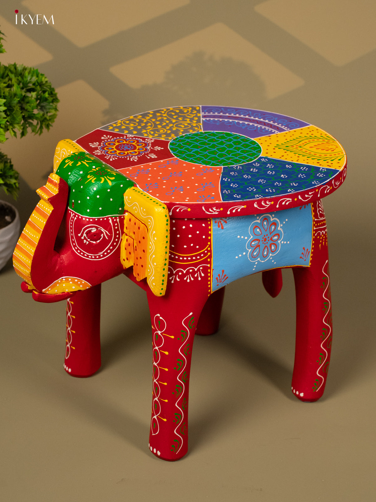 Hand Painted Elephant Stool - Red - 12 inch - KA30125