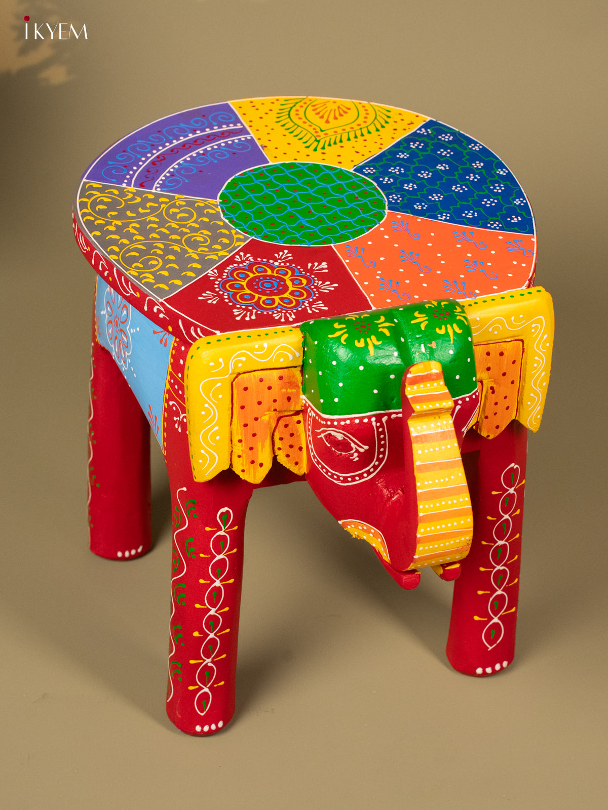 Hand Painted Elephant Stool - Red - 12 inch - KA30125