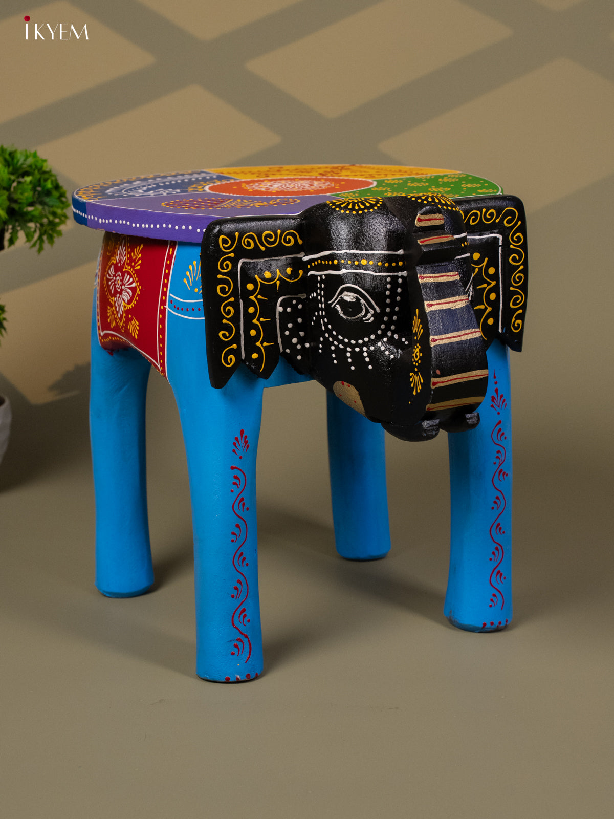 Hand Painted Elephant Stool - Blue - 12 inch - KA30126