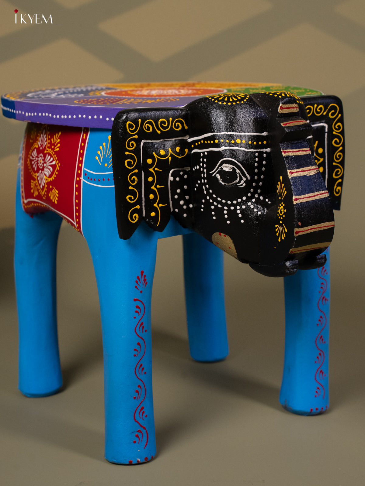 Hand Painted Elephant Stool - Blue - 12 inch - KA30126