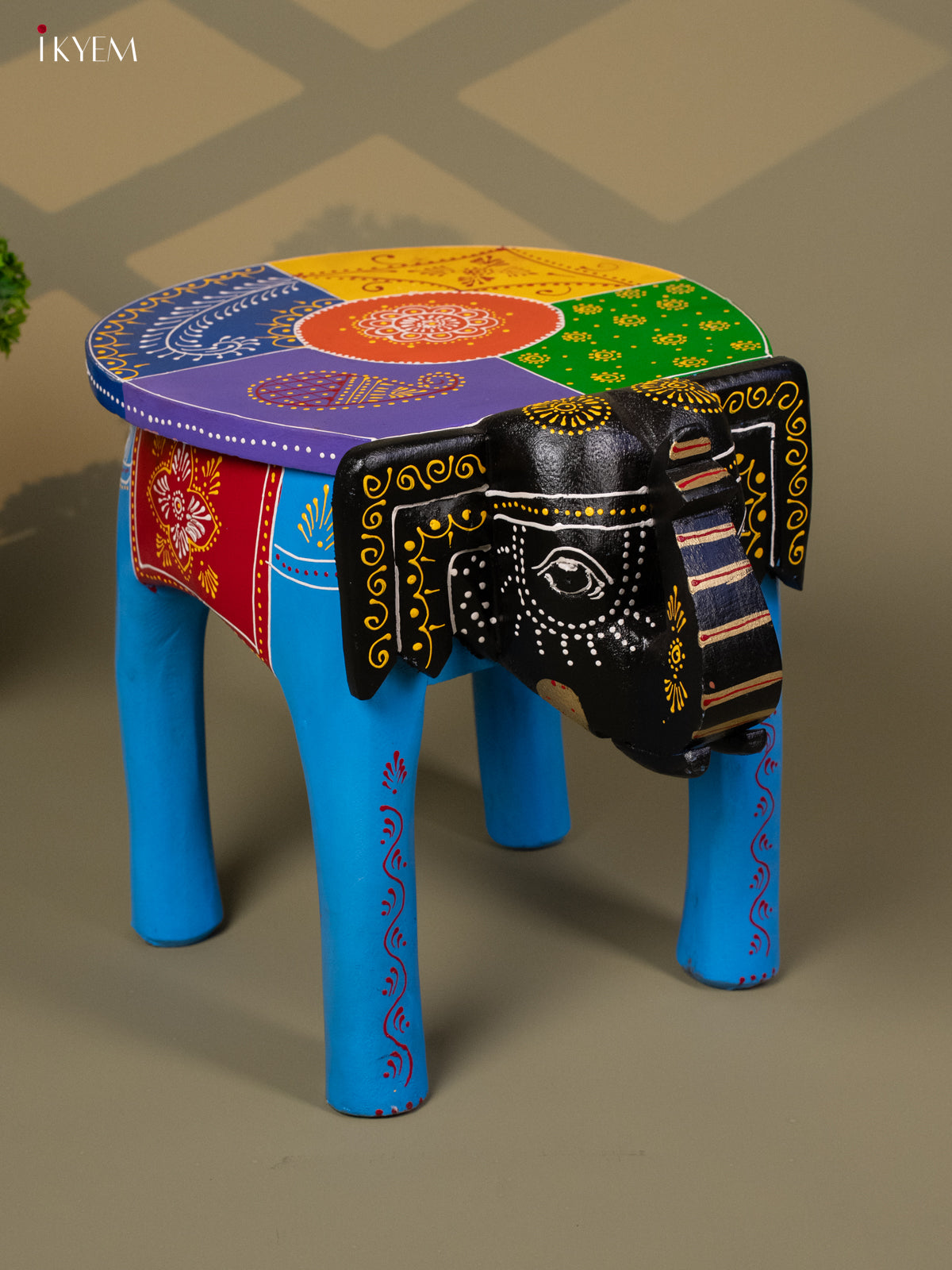 Hand Painted Elephant Stool - Blue - 12 inch - KA30126