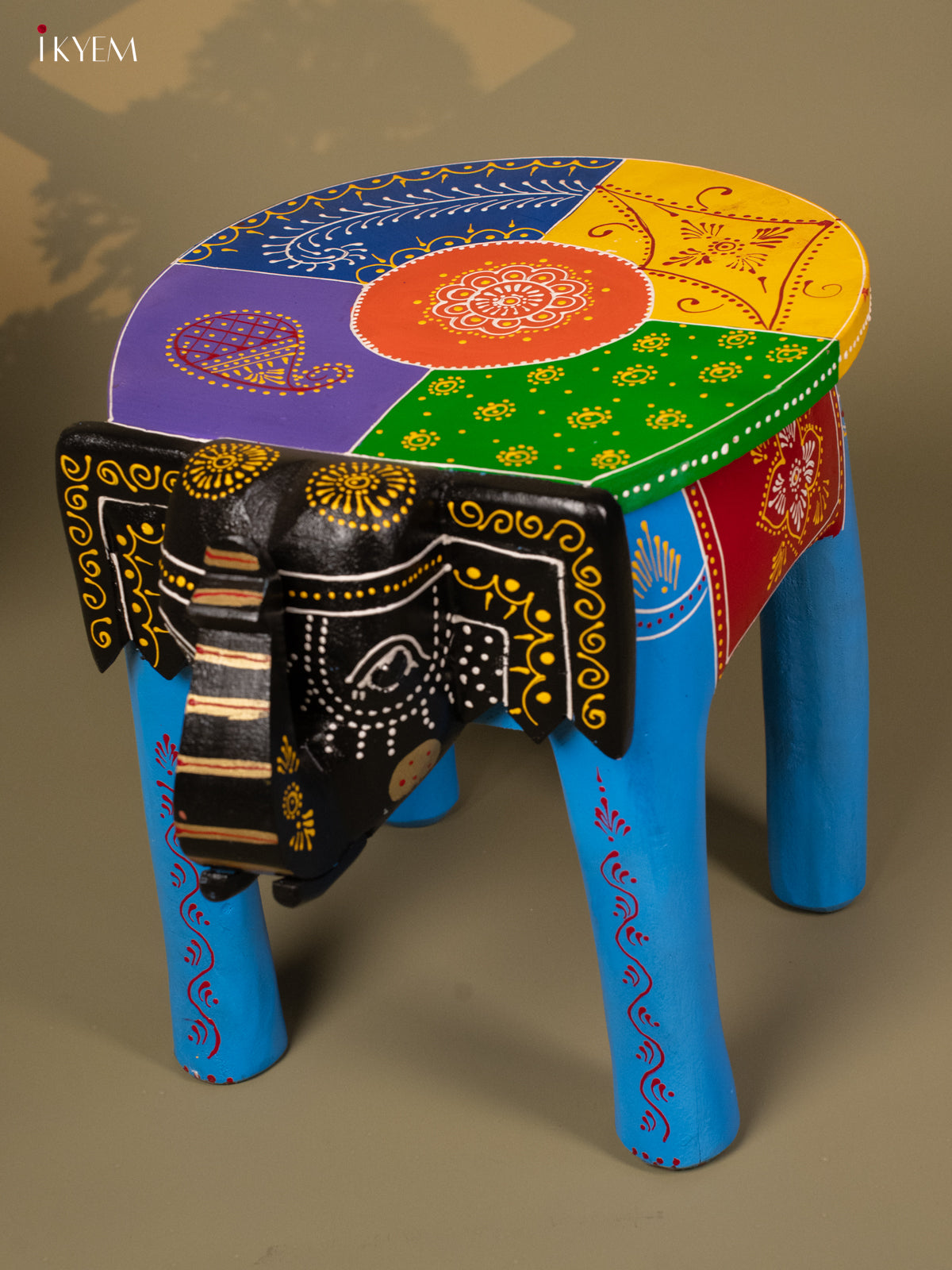 Hand Painted Elephant Stool - Blue - 12 inch - KA30126