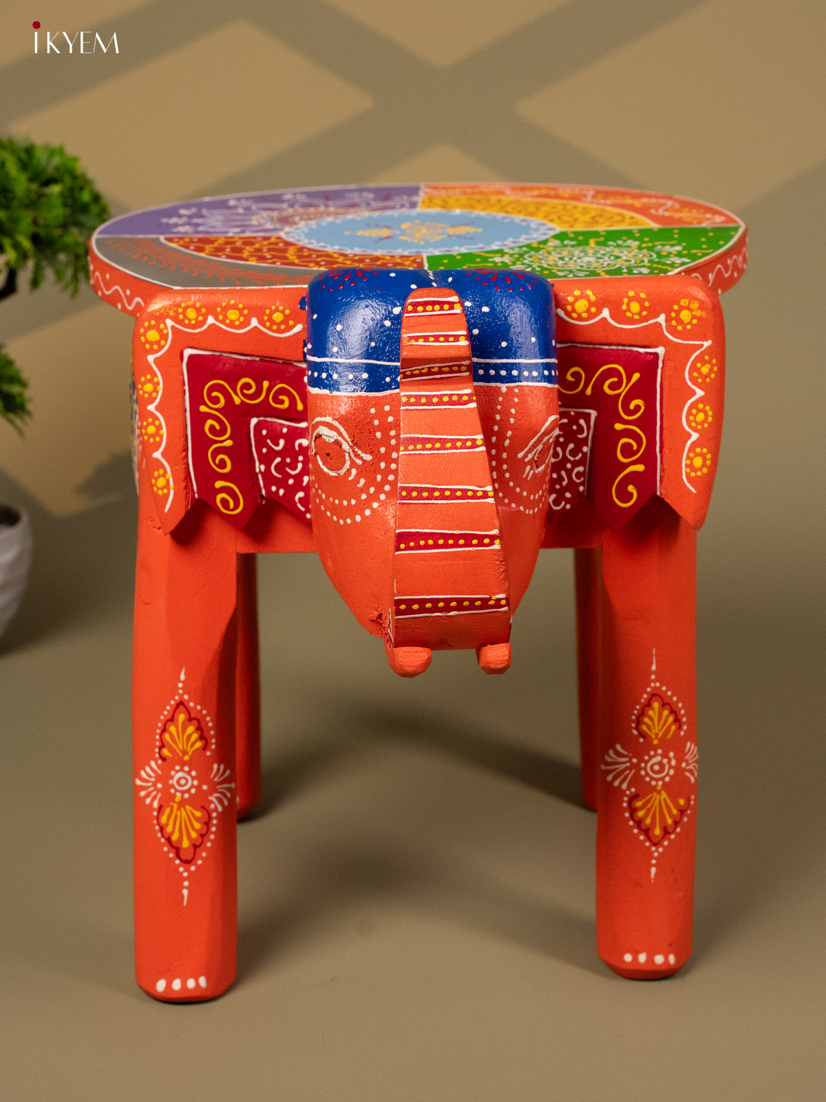 Hand Painted Elephant Stool - Orange - 12 inch - KA30127