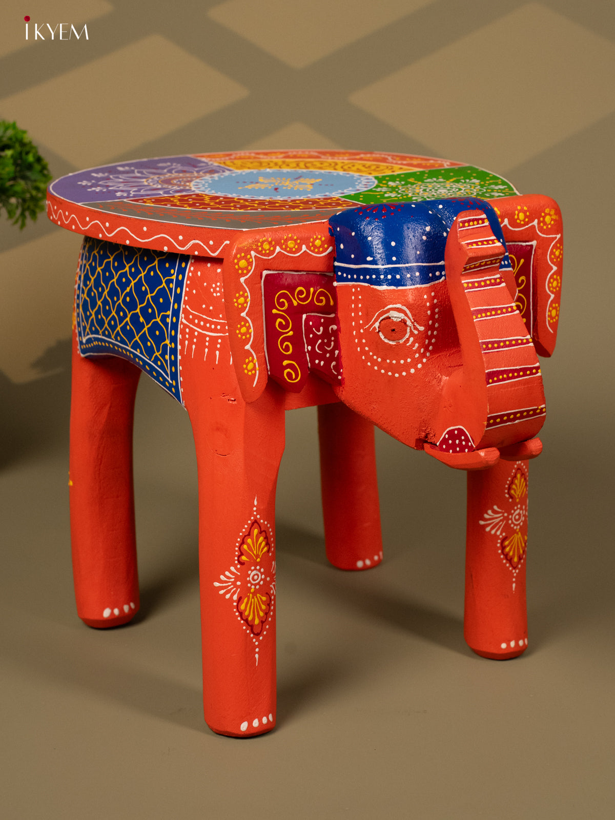 Hand Painted Elephant Stool - Orange - 12 inch - KA30127