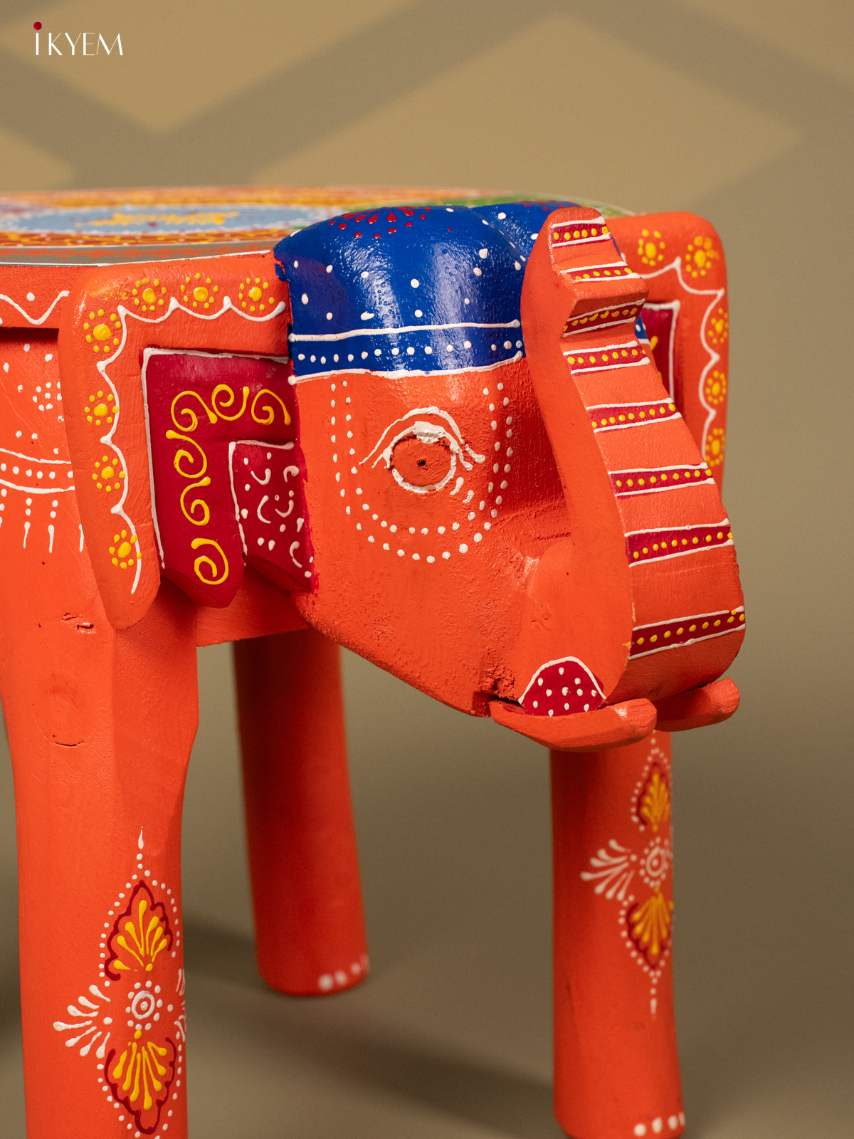 Hand Painted Elephant Stool - Orange - 12 inch - KA30127