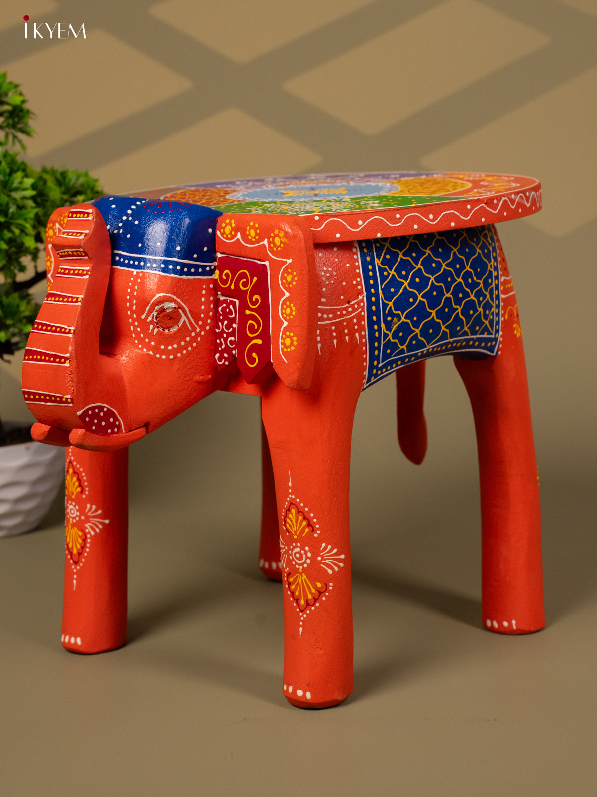 Hand Painted Elephant Stool - Orange - 12 inch - KA30127